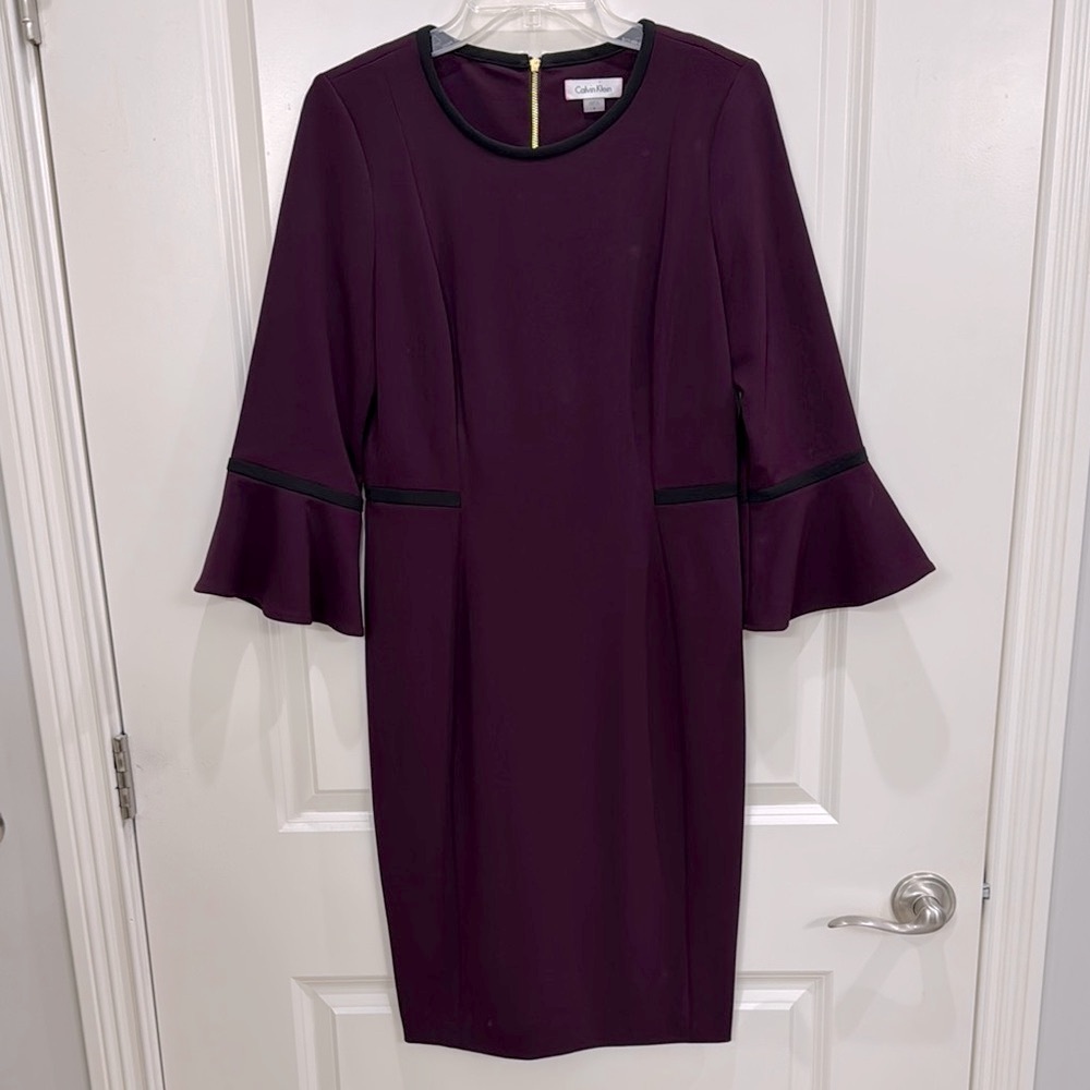 Calvin Klein Purple Sheath Dress with 3/4 Bell Sleeves